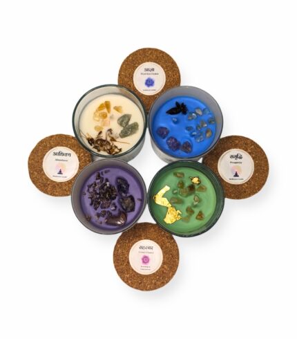 Ultimate Chakra & Abundance Set by EKAA™ Candles, featuring सहस्रार (Sahasraar) – Crown Chakra Candle, आज्ञा (Ajna) – Third Eye Chakra Candle, आधिक्य (Aadhikya) – Abundance Candle, and समृद्धि (Samriddhi) – Prosperity Candle.