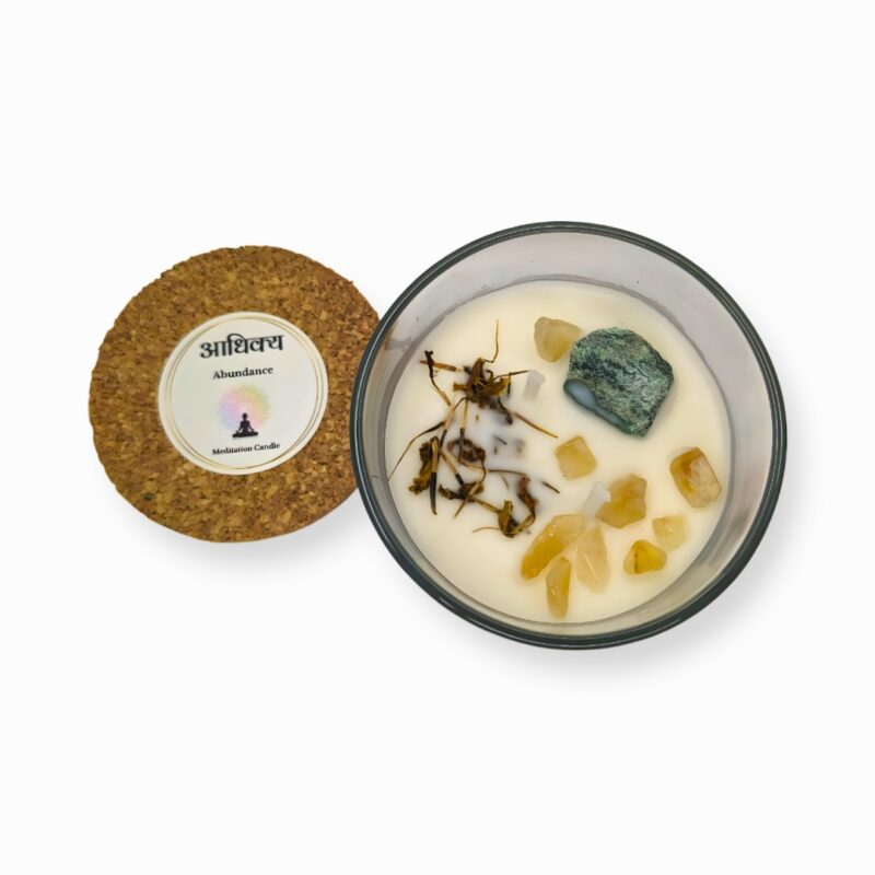 Meditation Candle - आधिक्य (Aadhikya) – Abundance Candle | Soy Wax Candle with Frankincense, Citrine, Green Aventurine, and Calendula for Prosperity and Positivity