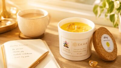 EKAA citrine candle in soy wax with golden citrine crystals, lit in warm morning light, made in India.