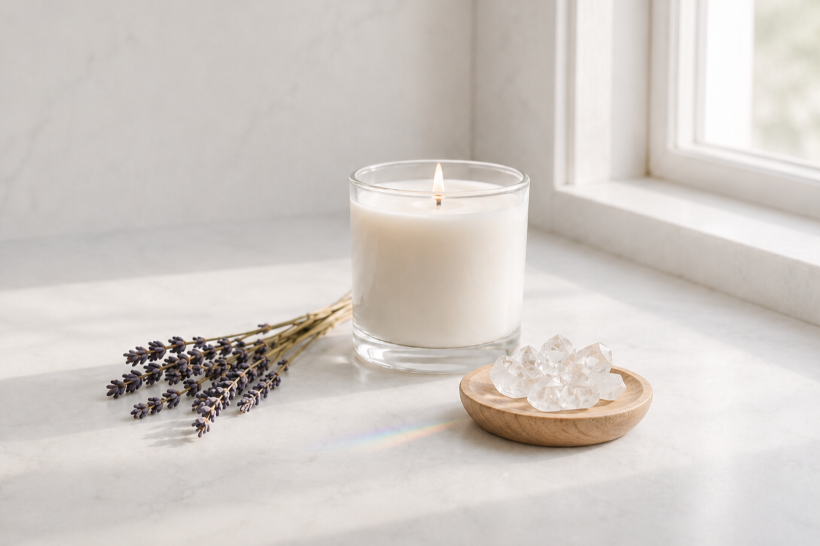 Clear quartz candle India by EKAA, a white soy candle beside a clear quartz crystal in bright daylight